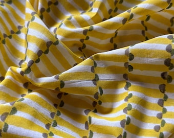 Geometric Block Print Cotton Fabric: Yellow Green & Gray