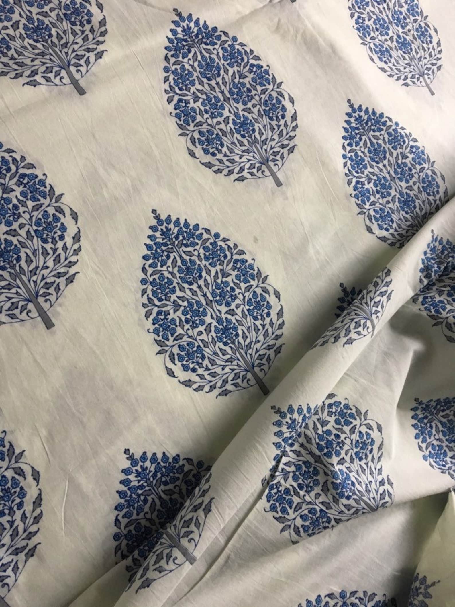 Blue Soft Cotton Fabric Floral Screen Print Soft Cotton Fabric Etsy
