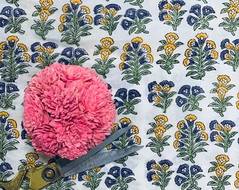 Mughal Floral Block Print Cotton Fabric: Indian Apparel Sewing Material
