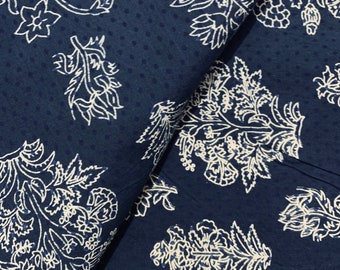 Navy Blue Floral Cotton Fabric: White Screen Print, 44" Wide