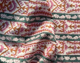 Stripe Block Print Cotton Fabric, Indian Hand Printed Fabric, By The Yard