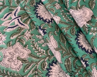 Floral Block Print Cotton Fabric: Sea Green Sewing Material