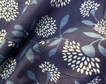 Indigo Floral Block Printed Cotton Fabric - Dabu Mud Resist - By The Yard