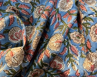 Blue Hand block print, floral print, soft cotton fabric, Fabric modern floral fabric Indian print fabric womens dress fabric