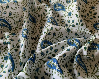 Blue Paisley Block Print Cotton Fabric: Lightweight Dress Material