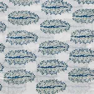 May include: White fabric with a repeating pattern of blue and green stylized tree branches. The fabric has a blue and green border.