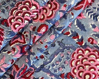 Op de afbeelding: Blauwe stof met een roze en rood bloemenpatroon. De stof heeft een traditioneel Indiaas ontwerp met ingewikkelde details.