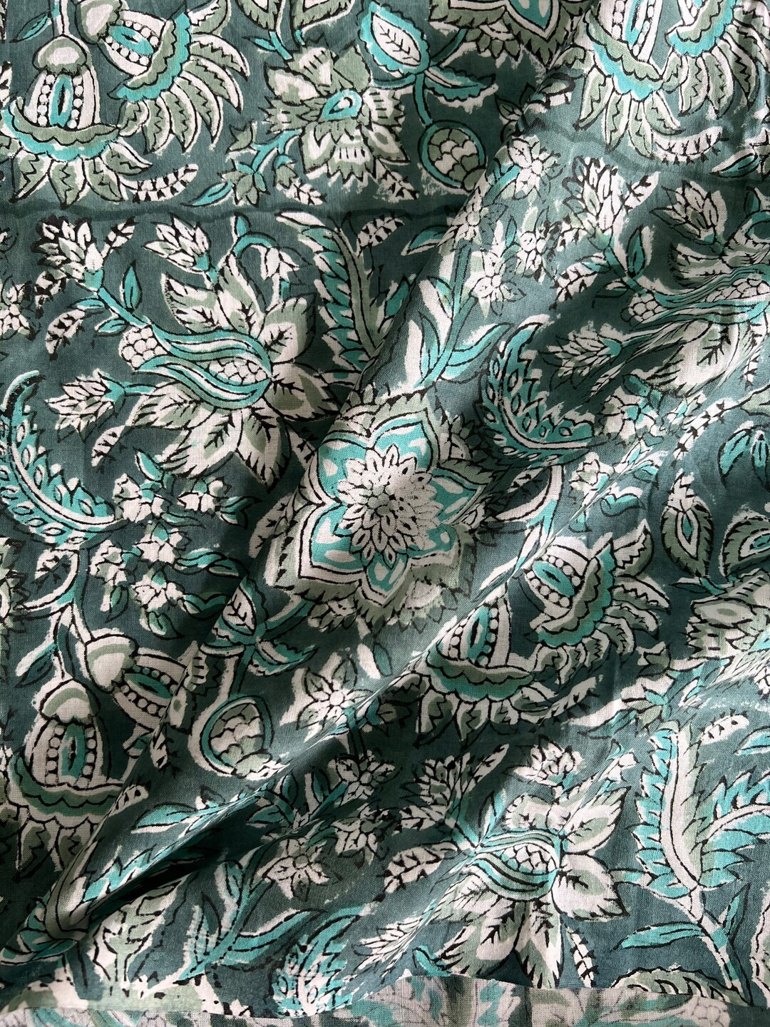 Sage Green Floral Print Fabric: Hand Block Printed Cotton by the Yard ...