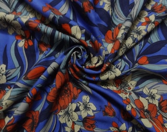 Tessuto in rayon challis con stampa floreale tropicale: blu multicolore, larghezza 44"