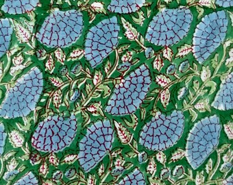 Green Floral Block Print Cotton Fabric: Indian Dress Fabric