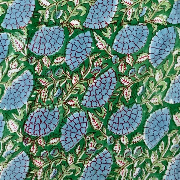 Green Hand block print, floral print, soft cotton fabric, Fabric modern floral fabric Indian print fabric womens dress fabric
