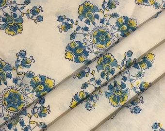 Green Floral Hand Block Print Cotton Fabric, Jaipur Indian Textile, Lightweight Sewing Material