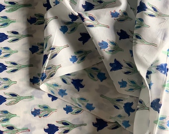 Floral Block Print Cotton Fabric, Blue & Green Flower Theme