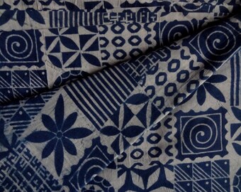 Indigo Blue Geometric Print Cotton Fabric: Hand Block Printed Sewing Material