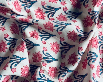 Pink Floral Hand Block Print Cotton Fabric: Indian Dressmaking Material