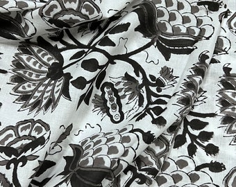 Black Floral Block Printed Cotton Fabric, Sewing Material By The Yard