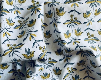 Hand Block Print Cotton Fabric, Green Floral Indian Textile, By The Yard