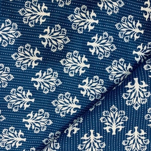 Indigo Fabric Block Print Fabric Hand Dyed Cotton Fabric Leaf Printed Blue Fabric, Dabu Mud Cloth Dressmaking Fabric By The Yard