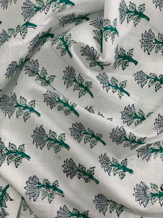 Floral Block Printed Cotton Fabric: Sanganeri Print Summer Dress Fabric