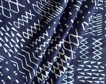 Indigo Blue Dabu Print Cotton Fabric, Indian Block Print Textile, Lightweight Apparel Cloth