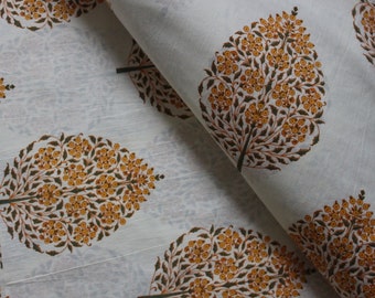 Yellow Floral Tree Print Cotton Fabric: Soft Sewing Material