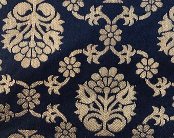 Black Banarasi Brocade Fabric: Indian Blended Silk with Gold Floral Weave