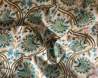Hand Block Print Cotton Fabric by the Yard, Jaipur Indian Floral Textile, Dressmaking Material