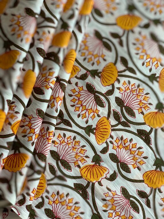 Yellow floral print cotton fabric block print fabric modern Etsy