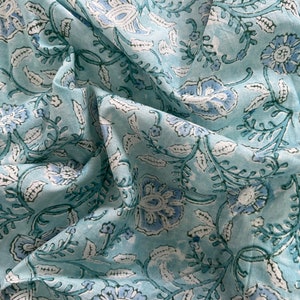 Floral Block Printed Cotton Fabric: Sanganeri Print, Light Blue