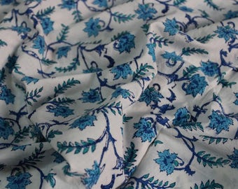 Blue Floral Print Fabric Block Printed Fabric 100% Pure Cotton Light Weight Soft Fabric, Women Girls Dress Clothe Voile Fabric By The Yard