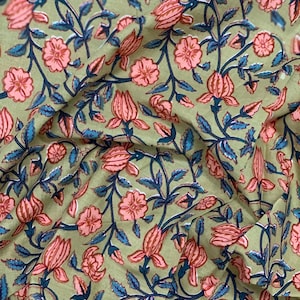 Floral Screen Print Cotton Voile Fabric: Sandcastle, Coral, Teal - 44'' Wide