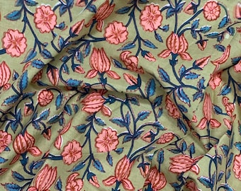 Floral Screen Print Cotton Voile Fabric: Sandcastle, Coral, Teal - 44'' Wide