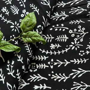 Black Floral ecru Print Block Print Fabric 100% Cotton Indian Fabric, Hand Printed Dye Soft Cotton Woman Dress Fabric By Yard