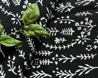 Black Floral Block Print Fabric: Soft Cotton Dress Material By The Yard