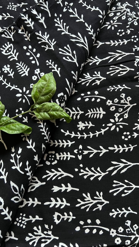 Black Floral Block Print Fabric: Soft Cotton Dress Material By The Yard