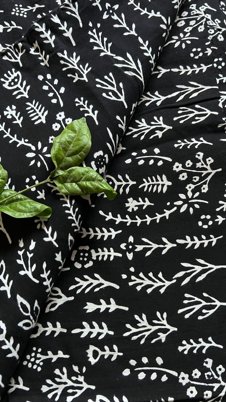 Black Floral Block Print Fabric: Soft Cotton Dress Material By The Yard image 1