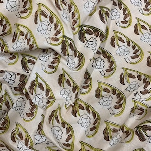 Floral Block Print Cotton Fabric: PapayaWhip, Brown, Green