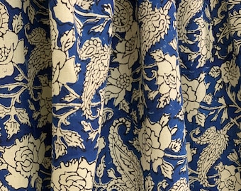 Navy Blue Floral Cotton Voile Fabric: Hand Block Printed Sewing Material