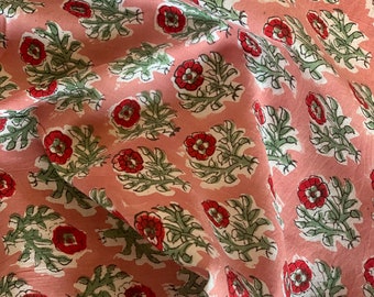 Hand Block Printed Cotton Fabric: Coral Floral Print By The Yard