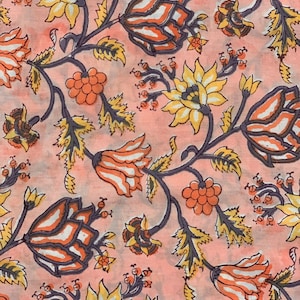 May include: A pink fabric with a floral pattern. The flowers are yellow, orange, and white with green leaves. The background is a light pink.
