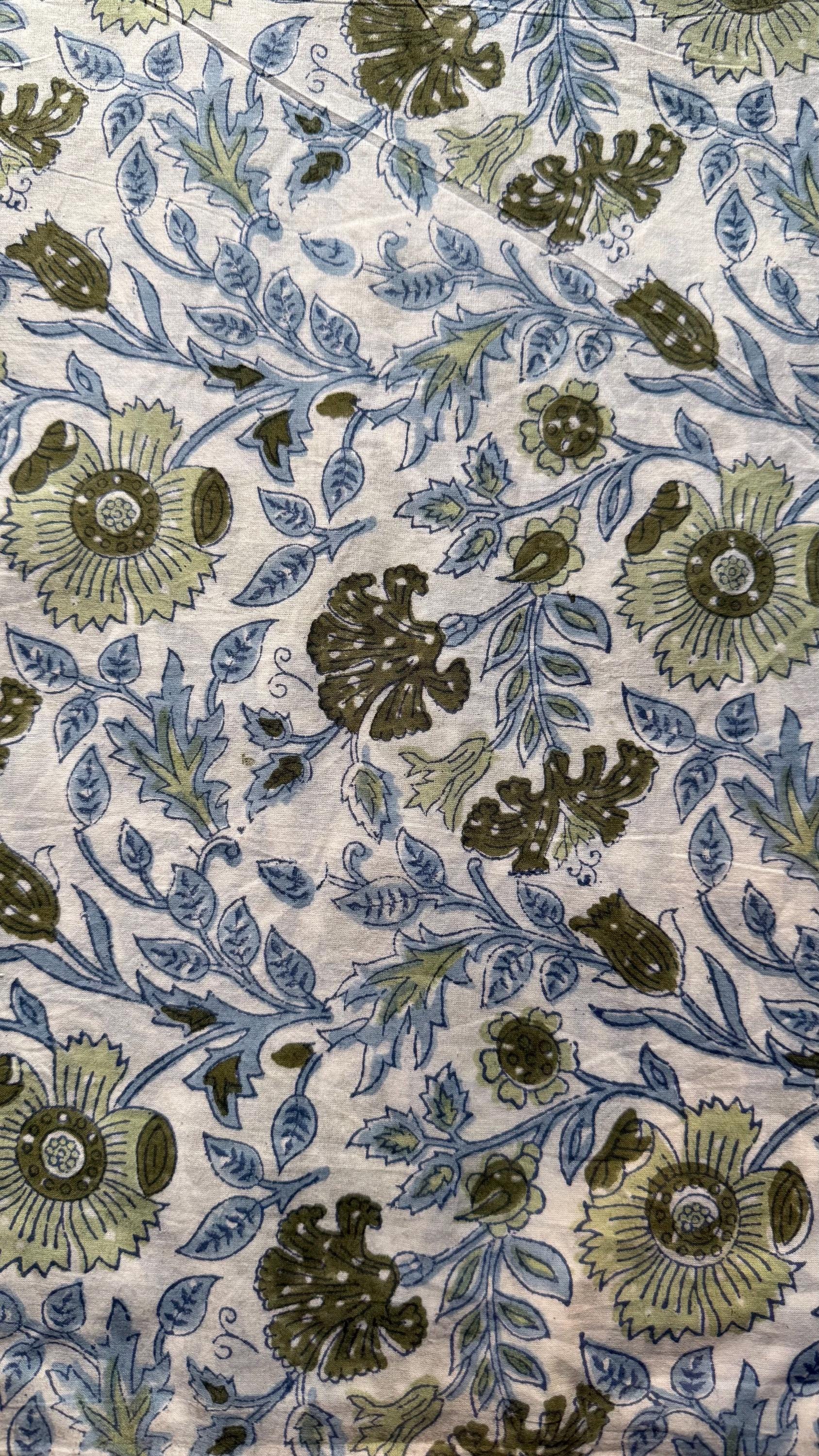 Floral Block Print Cotton Fabric: Green & Blue Indian Fabric by Yard - Etsy