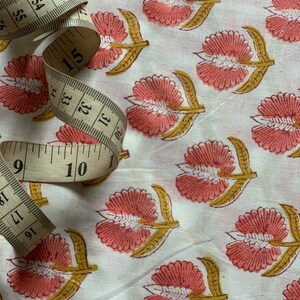Salmon Floral Block Printed Cotton Fabric: Lightweight Sanganeri Buti Print