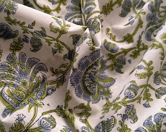 Floral Hand Block Print Cotton Fabric by Yard, Green Blue Soft Cambric Textile
