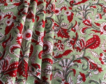 Floral Block Print Cotton Fabric: Khaki Green Sewing Material