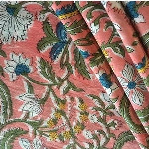 Salmon Flower Cotton Indian Fabric Summer Sewing Fabric Dressmaking Hand Printed Running Fabric, Floral Print cotton cambric Fabric