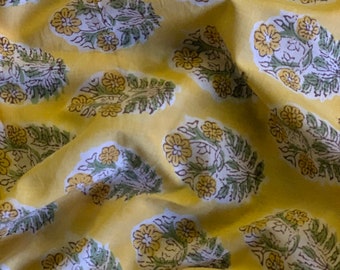 Hand Block Print Cotton Fabric: Yellow Floral Indian Print
