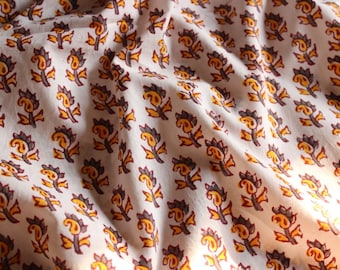 Lotus Floral Block Print Cotton Fabric: Indian Summer Dress Fabric By The Yard