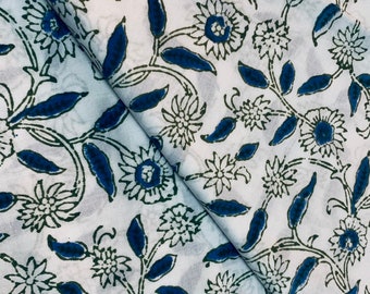Green Floral Block Print Cotton Fabric: Indian Dress Fabric by Yard