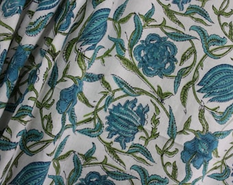Tissu en coton à imprimé floral bloc : tissu indien vert aigue-marine par mètre