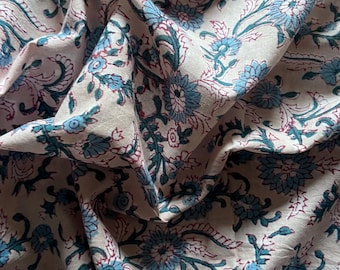 Floral Block Print Cotton Fabric: Antique White, Blue, Maroon